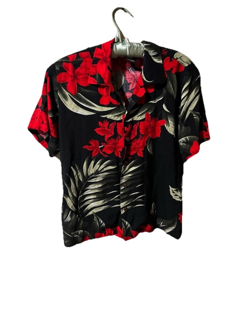 Women's Black Floral Button-Up Blouse with Red Floral Print